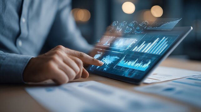 Businessman reviewing quarterly financial report with tablet and graphs AI technology concept