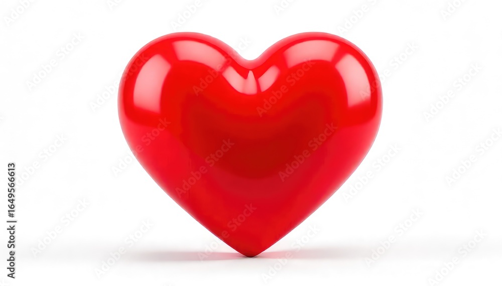 Poster a glossy red heart standing upright on a white surface casting a subtle shadow beneath it all alone