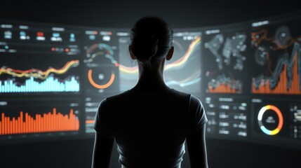 Businesswoman analyzing profit growth in virtual dashboard AI technology concept