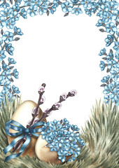 Easter card. A decorated egg on the grass surrounded by forget-me-nots. Hand-drawn watercolor illustration. For making Easter greeting cards and invitations. For packaging, labels, posters, and flyers