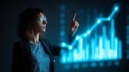 Businesswoman analyzing profit growth in virtual dashboard AI technology concept