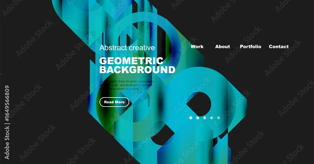 Aufkleber abstract design features vibrant blue geometric shapes. website header includes navigation options, 