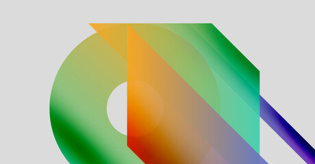 Abstract colorful shapes overlap, creating dynamic visual composition. Gradients blend hues, forming modern design element.