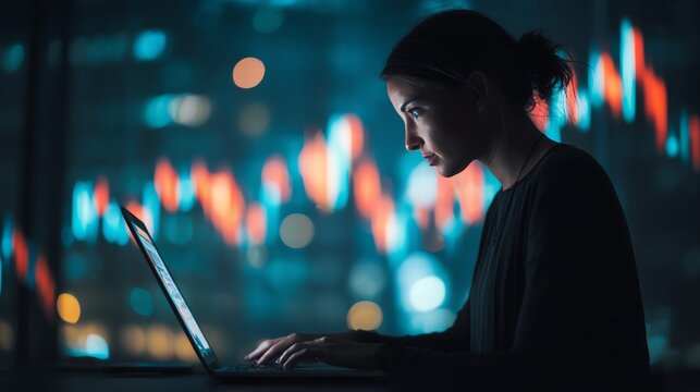 Businesswoman monitoring foreign exchange rates on laptop AI technology concept