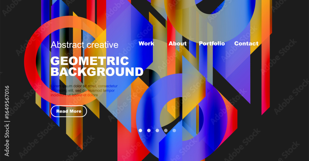 Poster vibrant geometric shapes create dynamic website header. bold colors, text overlay, navigation menu p