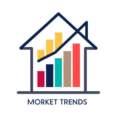 House icon with upward trend bar chart and market trends text
