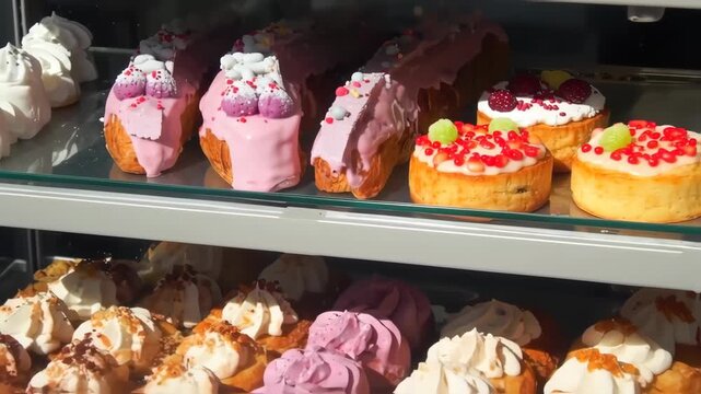 Colorful pastries and cakes on display in a glass-fronted cabinet