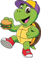 Cartoon turtle, green body, yellow shell, purple cap, red sneakers, holding hamburger, thumbs up, cheerful face, CAD drawing, vector illustration