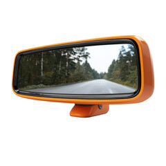 A rear view mirror displaying the reflection of a car, isolated on transparent background