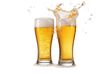 Two glasses of fresh foamy draft beer with splash isolated on white background refreshing brew