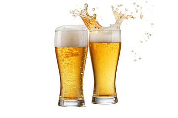 Refreshing cold beer splash in glasses isolated on transparent background for beverage lovers