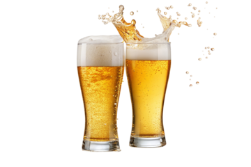 Refreshing cold beer splash in glasses isolated on transparent background for beverage lovers