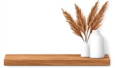Naklejka premium A wooden shelf displays two white vases holding dried, brown ornamental grass against a clean white background. The composition is minimalist, emphasizing natural elements and a sense of calm