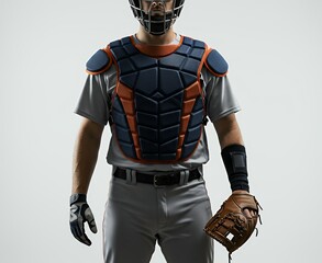 Baseball catcher close up chest protector mask helmet protective equipment navy blue orange color scheme detail