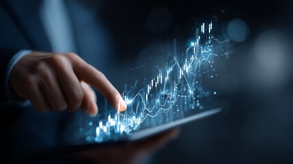 Executive pointing at upward trending financial charts on tablet AI technology concept