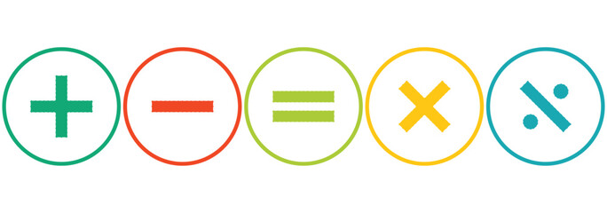 Creative Math Symbol Library Minimalist, Gradient and Handcrafted Icons. Plus, minus, multiply, divide and equal sign icon design set. Addition, subtraction, multiplication, division, equal sign eps10