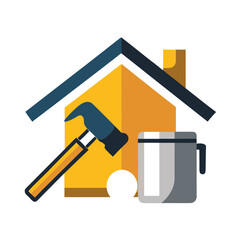 House construction and renovation with hammer and mug