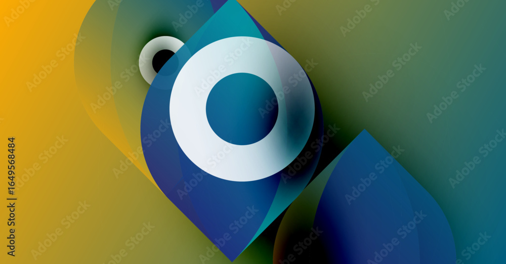 Poster abstract design features layered shapes, vibrant colors. circular element dominates composition, cre