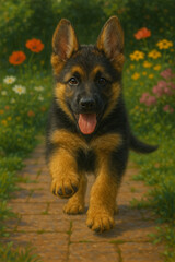  AI-generated image of a beautiful German Shepherd puppy running in a flower garden