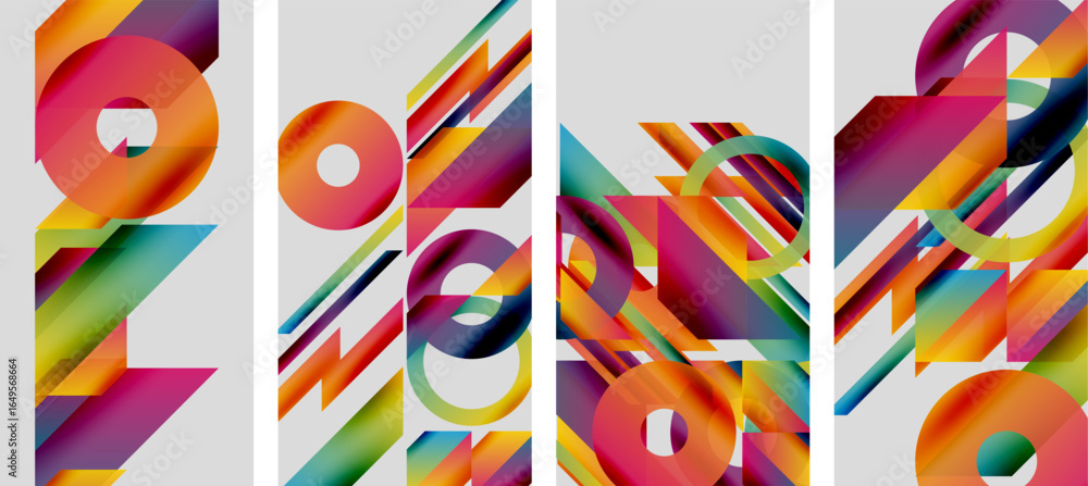 Poster abstract colorful panels form modern artwork. geometric shapes overlap creating vibrant visual impac