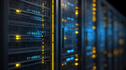 Data center rack servers with flashing lights displaying data processing and storage