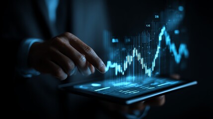 Financial advisor showing clients projected stock growth on tablet AI technology concept
