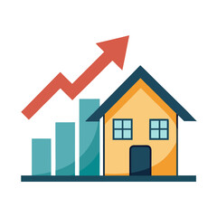 House with upward trending bar graph and red arrow symbolizing growth