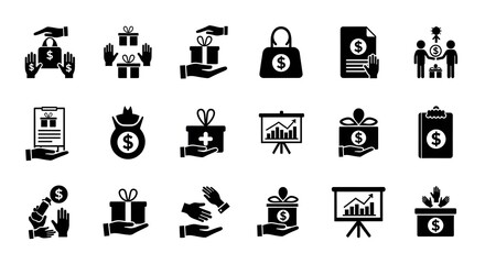 Black and white icons depicting various financial and gift-giving concepts.