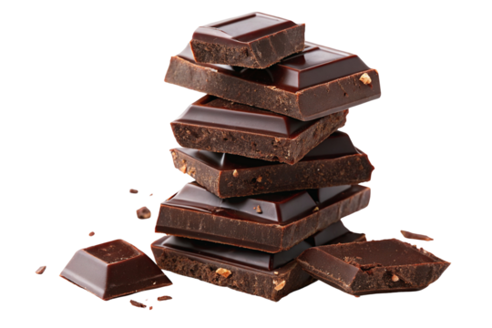 Delicious dark chocolate pieces stacked high revealing rich and indulgent cocoa delight for snacking