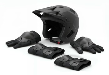 Obraz premium Professional mountain biking safety gear equipment set with full-face helmet, protective gloves, and knee pads isolated on white background for extreme sports