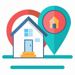 Illustration of a house with a location pin and abstract shapes