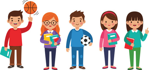 Cheerful cartoon kids holding books and sports balls in colorful outfits, standing together in a friendly, playful educational teamwork scene