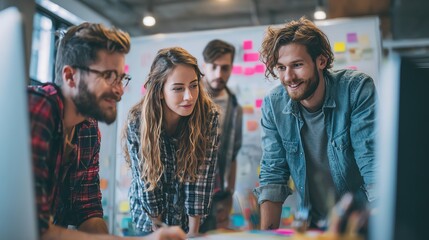 Fototapeta premium Team brainstorming new streaming content ideas in creative office AI technology concept