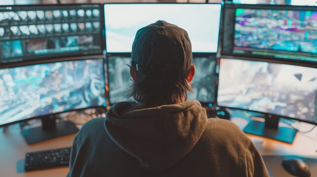 Producer checking animation render quality on multiple monitors AI technology concept