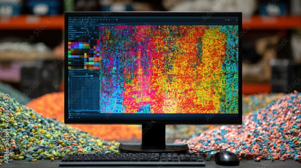 Fototapete an ai system monitor displaying a colormatching algorithm in action while a background of scattered 