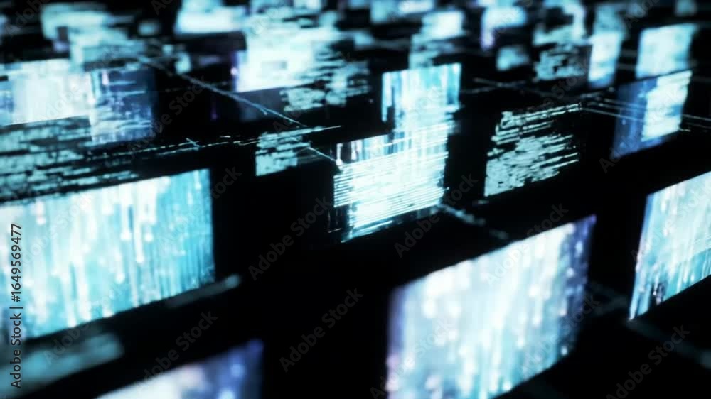 Poster abstract composition featuring illuminated rectangular shapes with glitch-like effects, creating a d