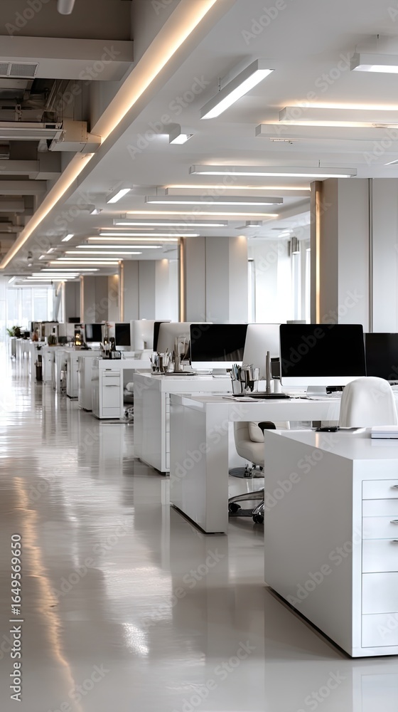 Poster bright modern office interior with rows of desks and computers in a spacious and minimalistic design