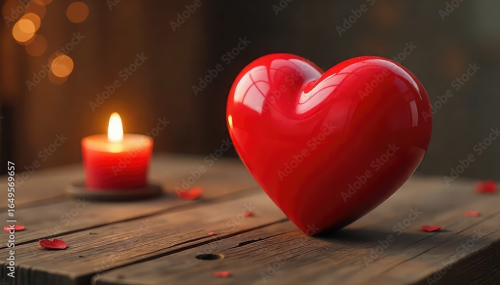 Aufkleber red heart and candle on wooden table creating a romantic atmosphere with bokeh lights in background