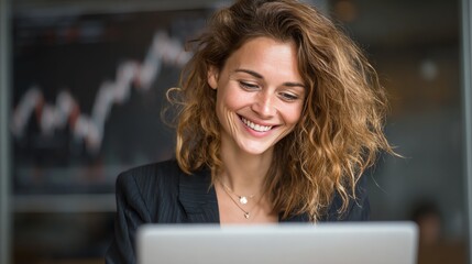 Woman investor smiling while checking stock performance on laptop AI technology concept