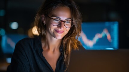 Woman investor smiling while checking stock performance on laptop AI technology concept