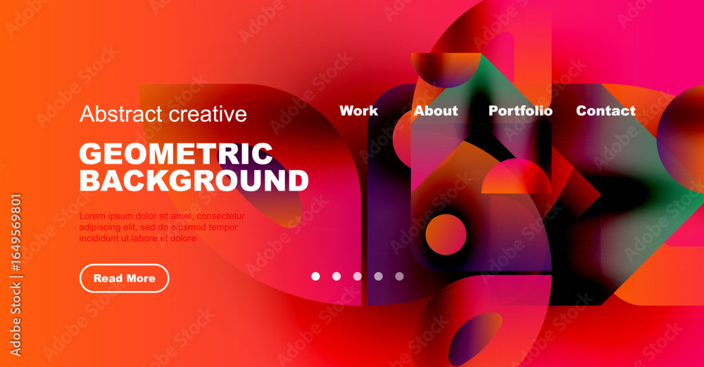 Poster vibrant abstract design. geometric shapes blend with gradients. website header includes navigation o