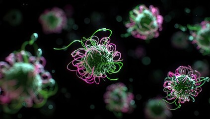 Obraz premium Microscopic organisms, vibrant pink/green filaments