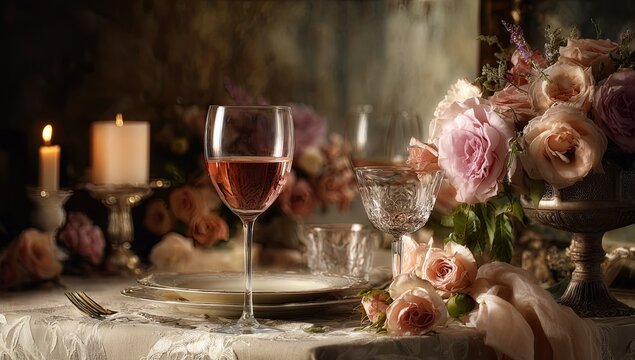 Romantic dinner setting with pink wine and roses - Powered by Adobe
