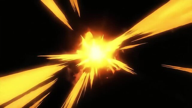 Intense Anime-Style Energy Burst: A Dynamic Radial Explosion and Fiery Impact Flash on a Black Background.