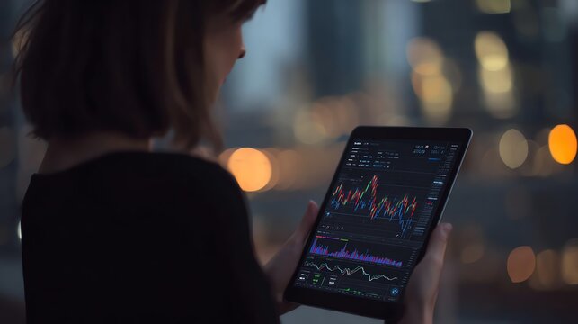 Woman reviewing trading app on tablet with charts of global markets AI technology concept