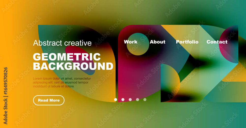 Poster modern website design features vibrant colors, geometric shapes, text elements. navigation includes 