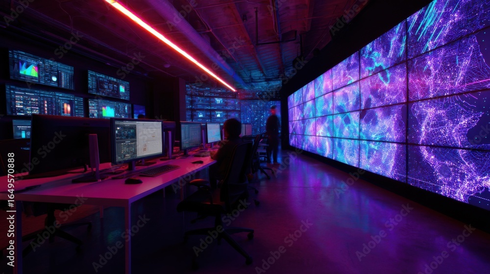 Poster an immersive environment featuring walltowall displays of 3d maps where technicians monitor logistic