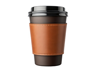 Stylish travel coffee cup with brown leather holder for hot beverages in black background isolated