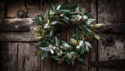 Rustic wreath on weathered wooden door (1)