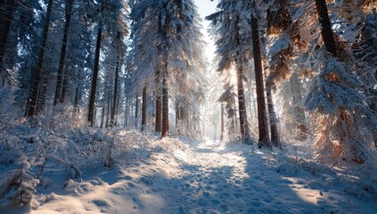 Sunlit winter forest path.  Snow-covered trees form a tunnel, sunlight beams through